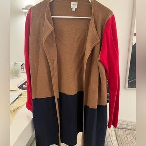 J crew long, open cardigan, red, navy and tan size S